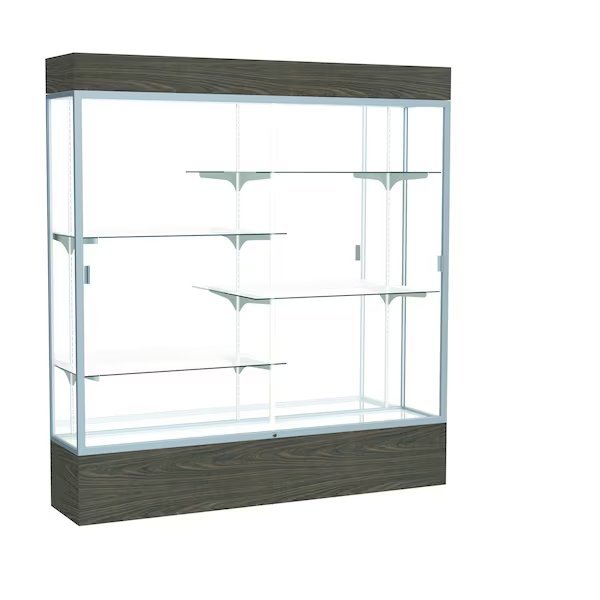 Lighted Floor Display Case 72x80x16, Mirror, Satin, WADDELL DISPLAY, Mfr# 2176MB-SN-WV